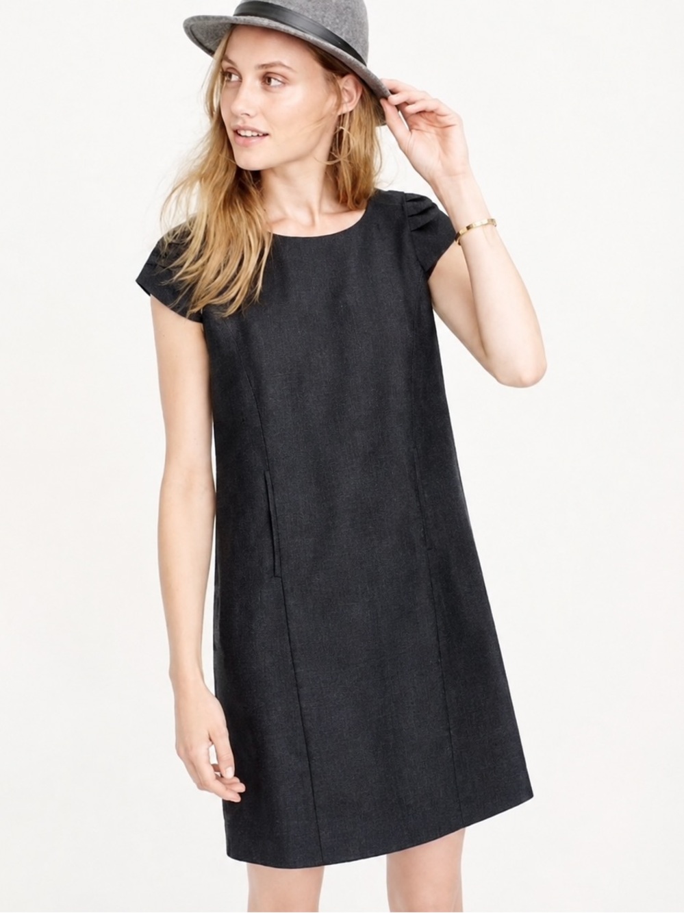 Vintage J.Crew 100% Wool Shift Dress Dark Gray Charcoal Cap Sleeve Pockets XS 2